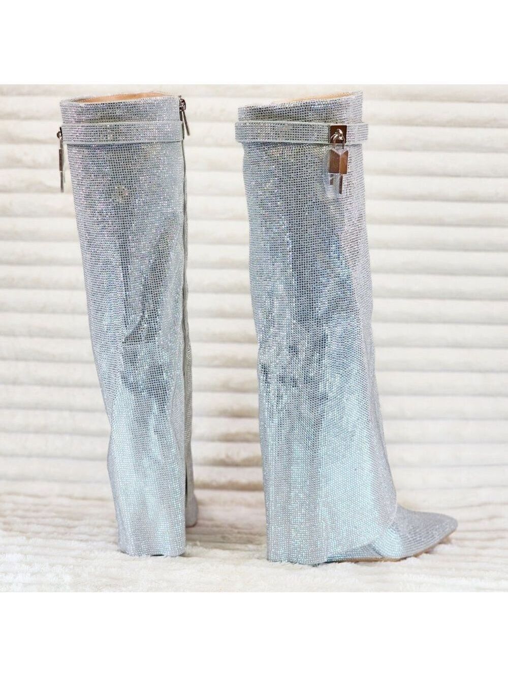 Super Sparkle Sharky Silver Rhinestone Skirted Fold Over Wedge Heel Knee Boots